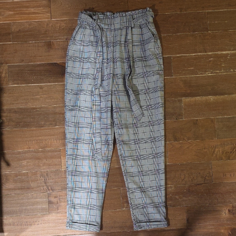 Gray Plaid Drawstring Pants